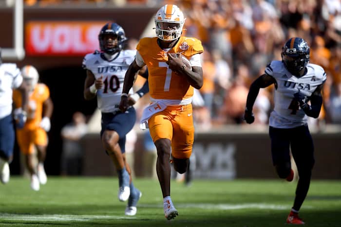 Tennessee Volunteers QB Joe Milton III during a touchdown run against UTSA. (Photo by Caitie McMekin of the News Sentinel)